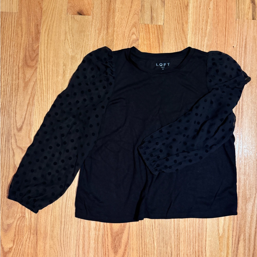 LOFT Black Blouse with Sheer Polka Dot Sleeves